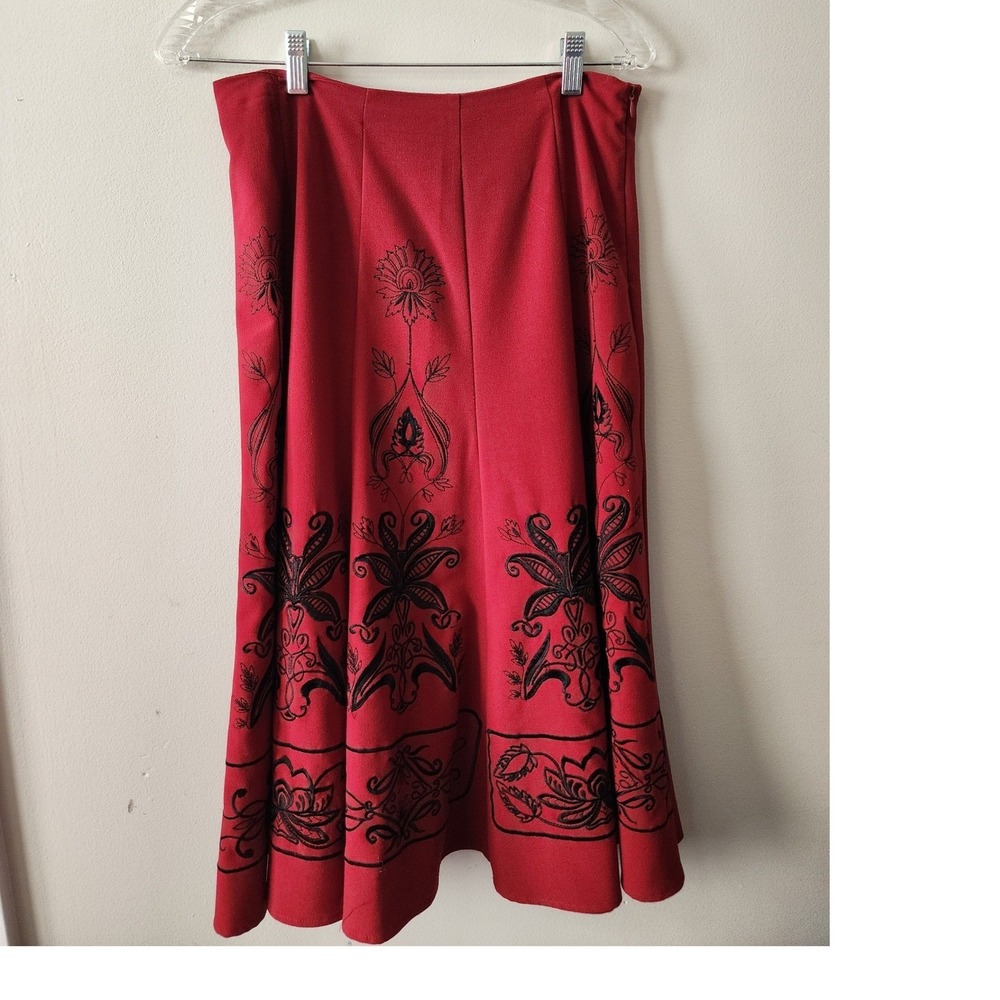 Sunny Leigh Red Black Embroidered Floral Paisley A-Line Midi Skirt Size 6
